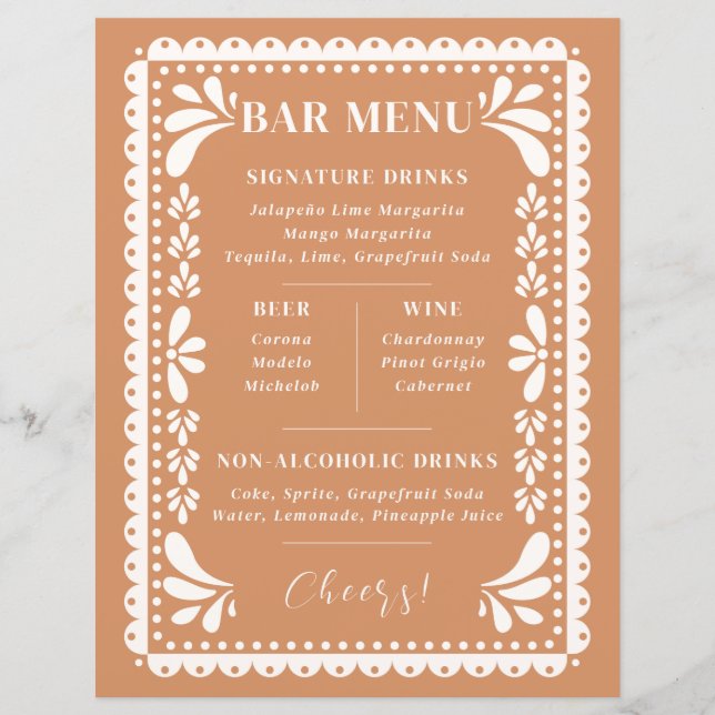 Papel Picado Wedding Bar Menu Modern Mexican Theme (Front)