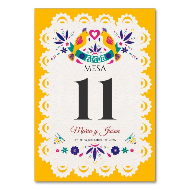Papel Picado Yellow Nuestra Boda Spanish Wedding Table Number (Front)