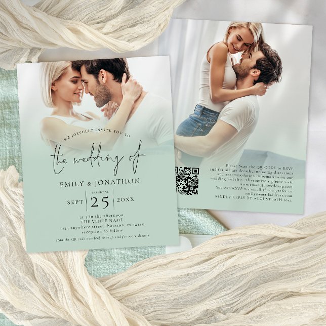 PAPER 2 Photo Overlay Script QR Sage Wedding  (Front and back view of budget PAPER 4.5 x 5.6" invitation)