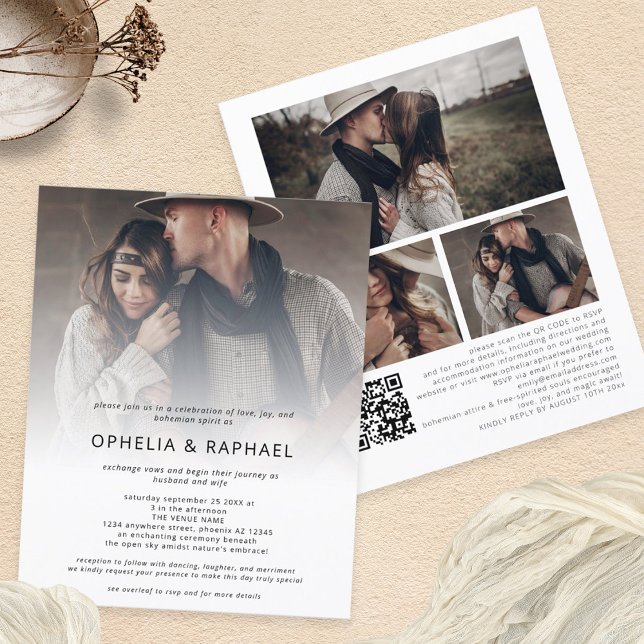 PAPER 4 Photos Overlay QR Code Bohemian Wedding  (Front and back view)