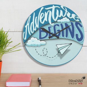 Paper aeroplane   Adventure begins Large Clock