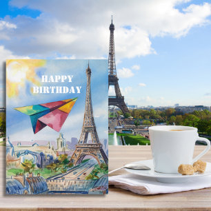 Paper Aeroplane Flying in Paris,Colourful,Watercol Postcard
