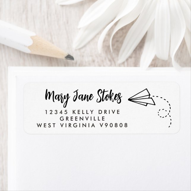 Paper aeroplane RETURN ADDRESS paper plane Label (Insitu)