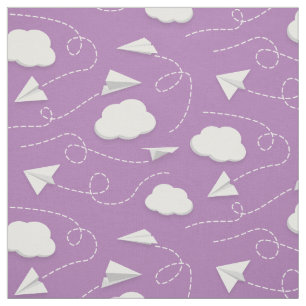 paper aeroplanes flying between clouds lavender fabric