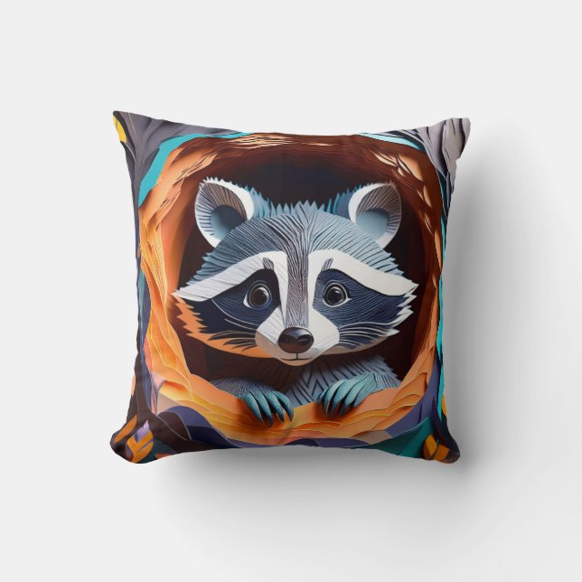 Paper Art Baby Racoon In Tree 3D Cushion (Front)
