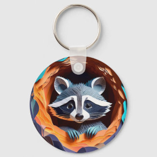 Paper Art Baby Racoon In Tree 3D Key Ring