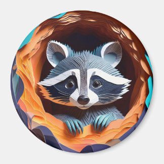 Paper Art Baby Racoon In Tree 3D Magnet