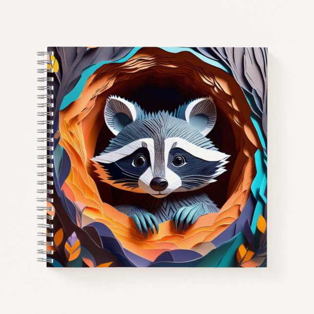 Paper Art Baby Racoon In Tree 3D Notebook (Front)