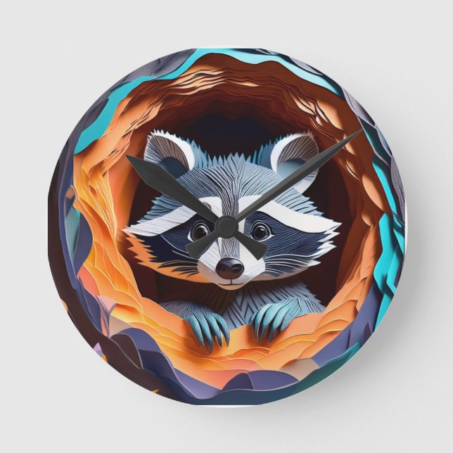 Paper Art Baby Racoon In Tree 3D Round Clock (Front)