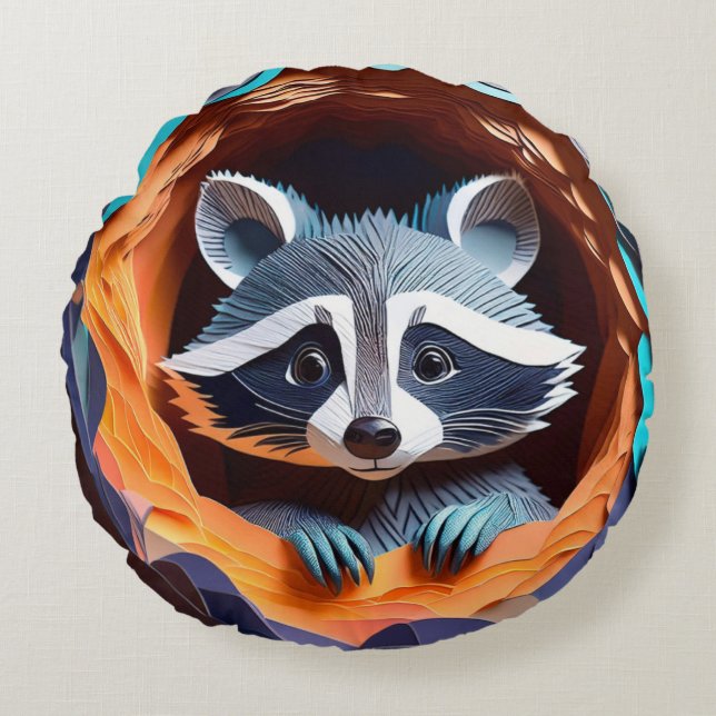 Paper Art Baby Racoon In Tree 3D Round Cushion (Front)