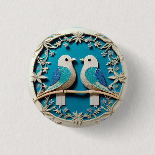 Paper Art of Two Birds with Floral Motifs 3 Cm Round Badge
