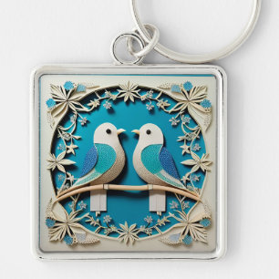 Paper Art of Two Birds with Floral Motifs Key Ring
