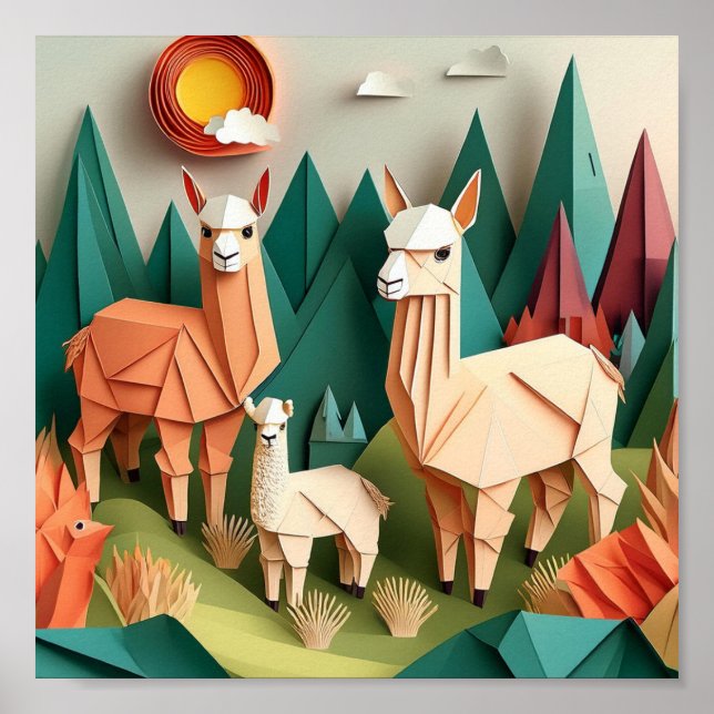 Paper Art Origami Alpacas Scene 3D Poster (Front)
