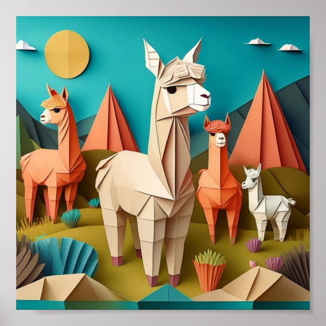 Paper Art Origami Alpacas Scene 3D Poster (Front)
