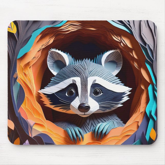 Paper Art Origami Baby Racoon In Tree 3D Mouse Pad (Front)