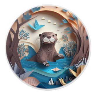 Paper Art Origami Otter in Water 3D Ceramic Knob