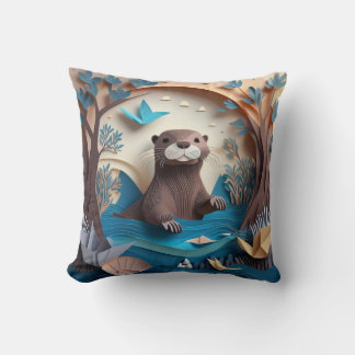 Paper Art Origami Otter in Water 3D Cushion