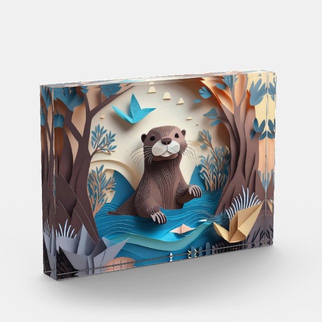 Paper Art Origami Otter in Water 3D Photo Block (Left)