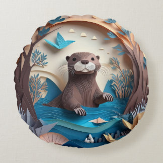 Paper Art Origami Otter in Water 3D Round Cushion