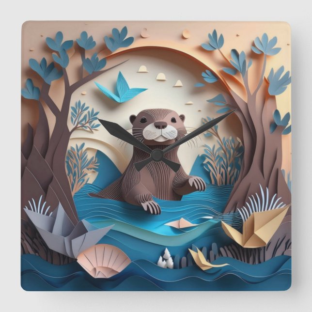 Paper Art Origami Otter in Water 3D Square Wall Clock (Front)