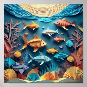 Paper Art Origami Sea Life Scene 3D Poster