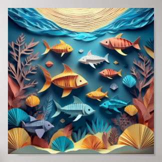 Paper Art Origami Sea Life Scene 3D Poster