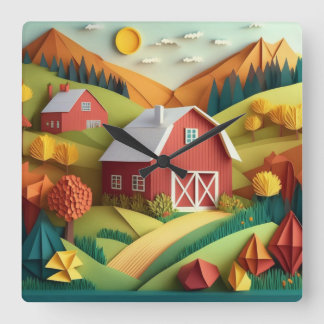 Paper Art Origami Style Farmhouse Scene Square Wall Clock