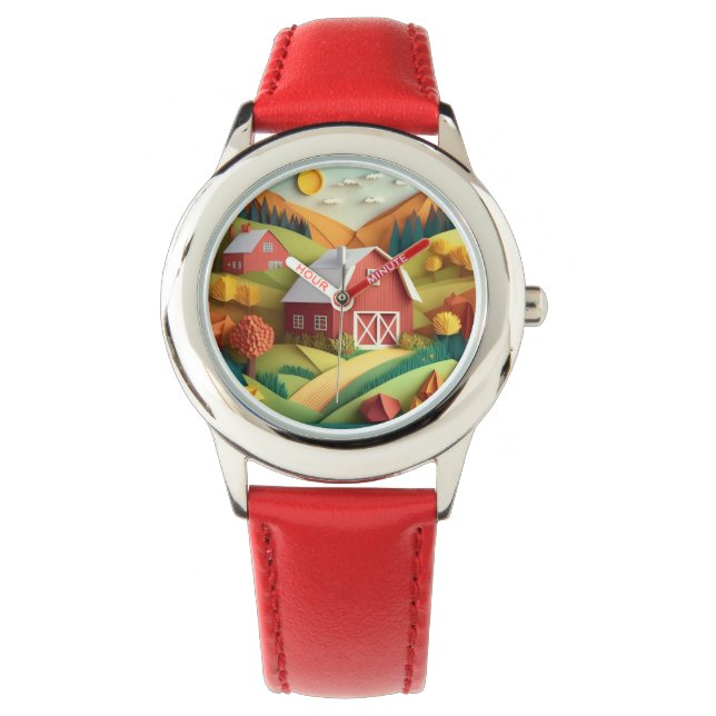 Paper Art Origami Style Farmhouse Scene Watch (Front)