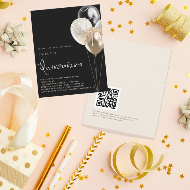 PAPER Balloons Gold QR Quinceañera Black Invite (Creator Uploaded)