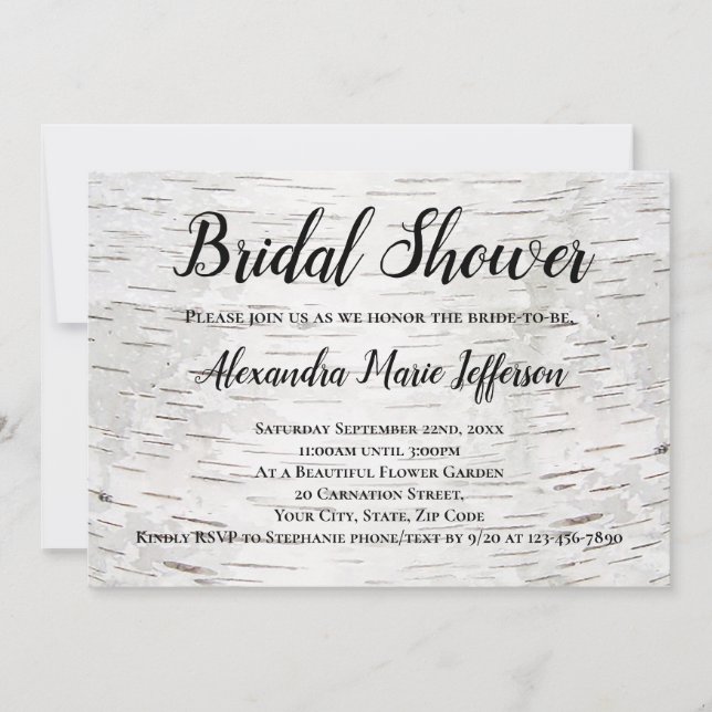 Paper Birch Tree Bark Rustic Wood Bridal Shower Invitation (Front)