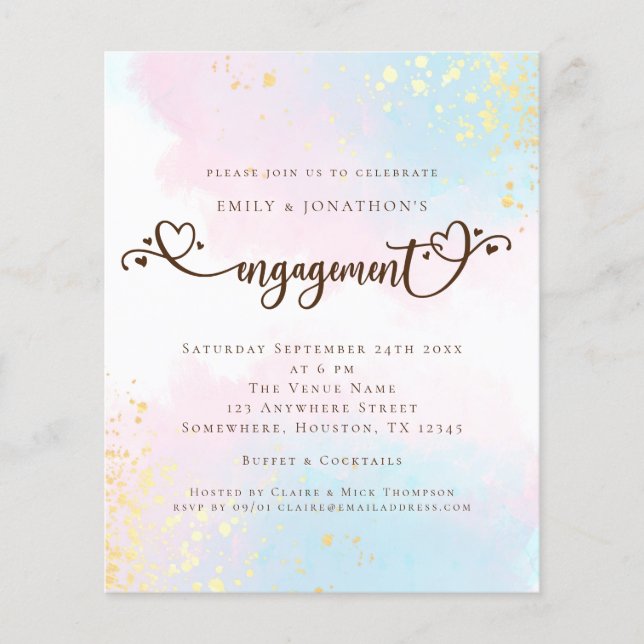 PAPER Blue Pink Watercolor Heart Script Engagement (Front)