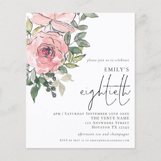 PAPER Blush Pink Floral Eightieth Party Invitation (Front)