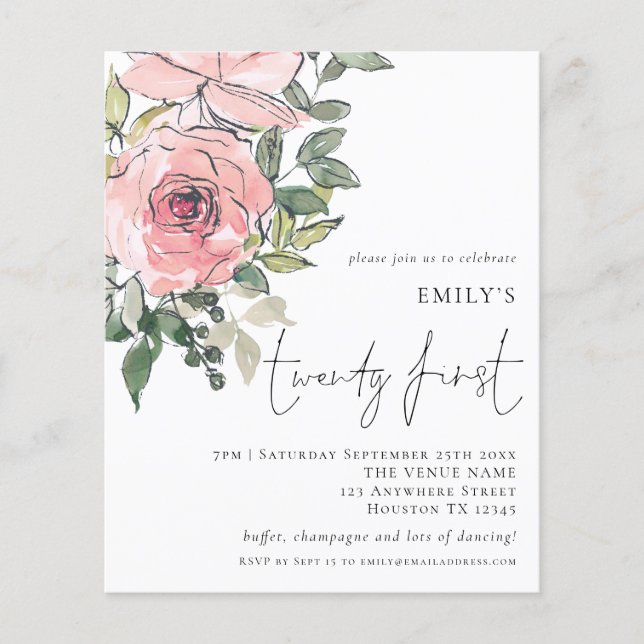 PAPER Blush Pink Florals 21st Birthday Invite (Front)