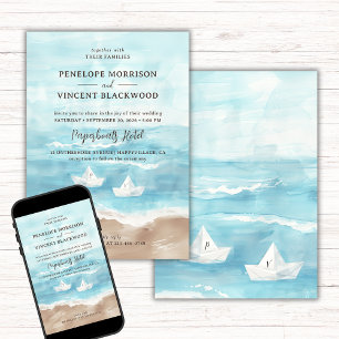 Paper Boats on Sea Beach Wedding Invitation