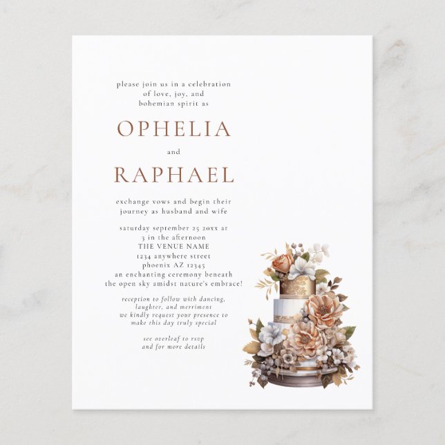 PAPER Boho Cake Florals Bohemian Wedding Invite (Front)