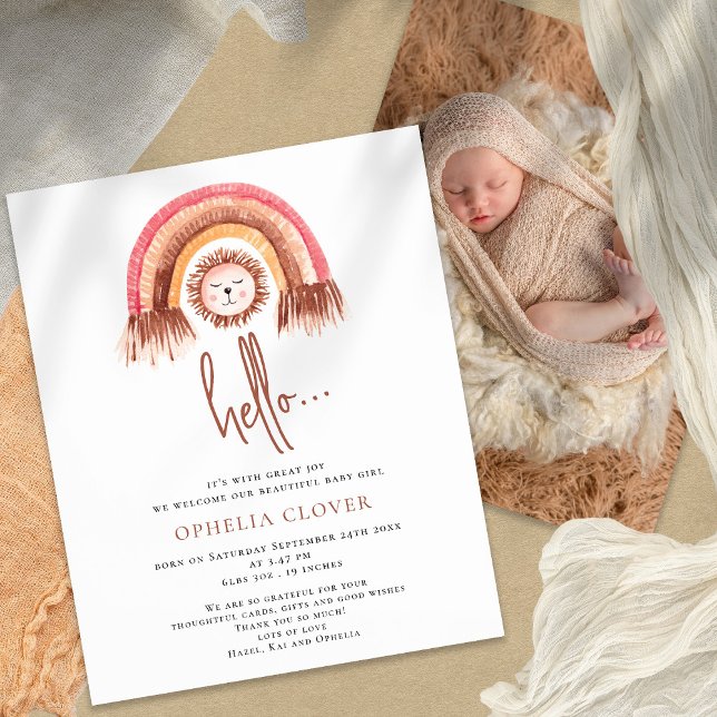 PAPER | Boho Cute Lion Rainbow Birth Announcement (Creator Uploaded)