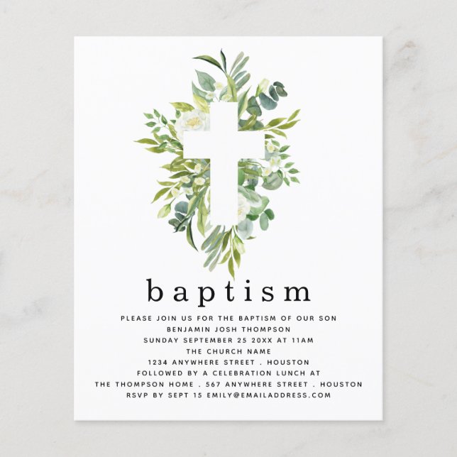 PAPER | Botanical Leaves Cross Baptism Invitation (Front)