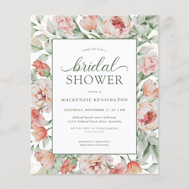 PAPER Budget Floral Blush Sage Green Bridal Shower (Front)