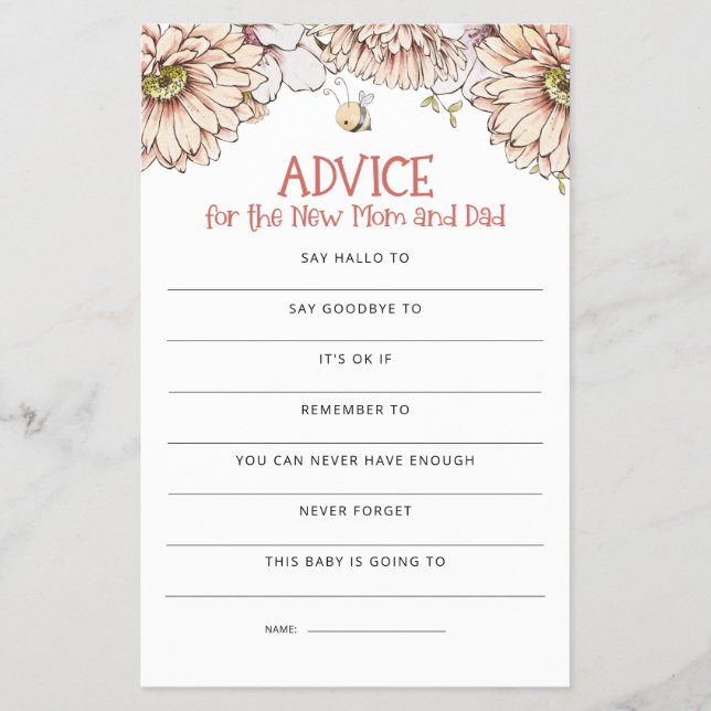 PAPER | Bumblebee Advice Mum Dad Baby Shower Game (Front)