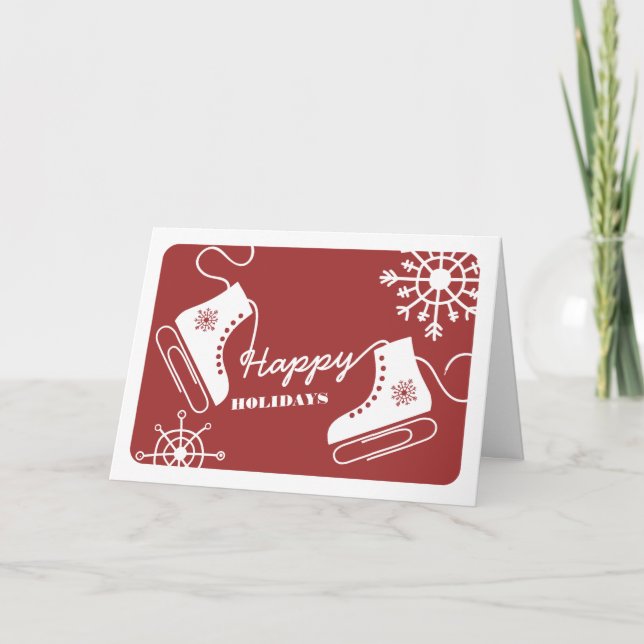 Paper Clip Ice Skates Business Christmas Card Red (Front)
