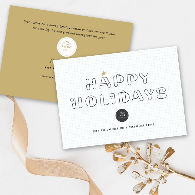 Paper Clips Happy Holidays Blue Grids Business Hol Holiday Card (Creator Uploaded)