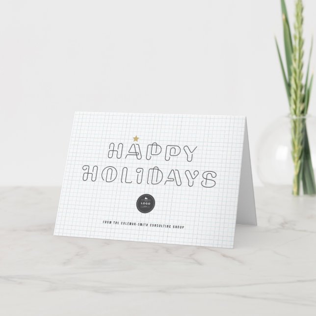 Paper Clips Happy Holidays Blue Grids Business Holiday Card (Front)