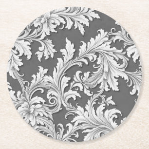 Paper Coaster Damask Design Grey Black & White