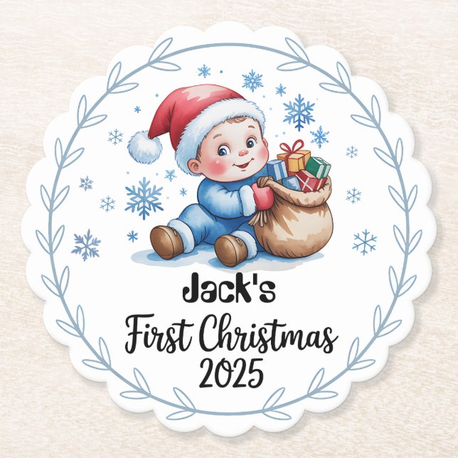 Paper Coaster--Personalised Baby’s First Christmas Coaster (Front)