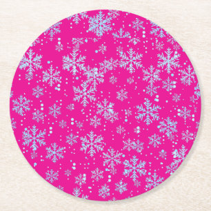 Paper Coasters, Bright Fuchsia Snowflakes Round Paper Coaster