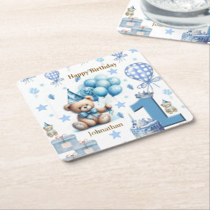 Paper Coasters Happy 1st. Birthday Teddy Bear Blue