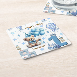 Paper Coasters Happy 1st. Birthday Teddy Bear Blue