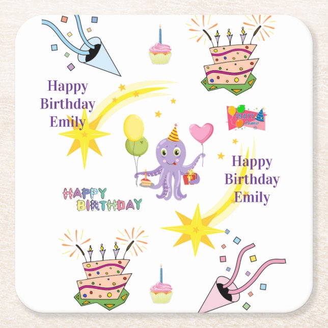 Paper Coasters Happy Birthday Octopus Cupcake  (Front)