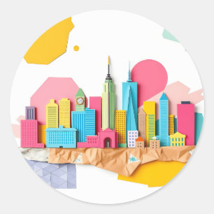 Paper Collage City Skyline Classic Round Sticker