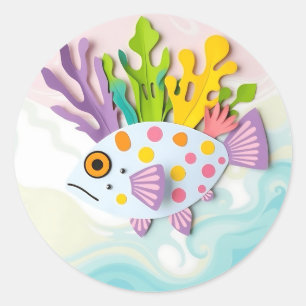 Paper Collage Pufferfish Art Classic Round Sticker